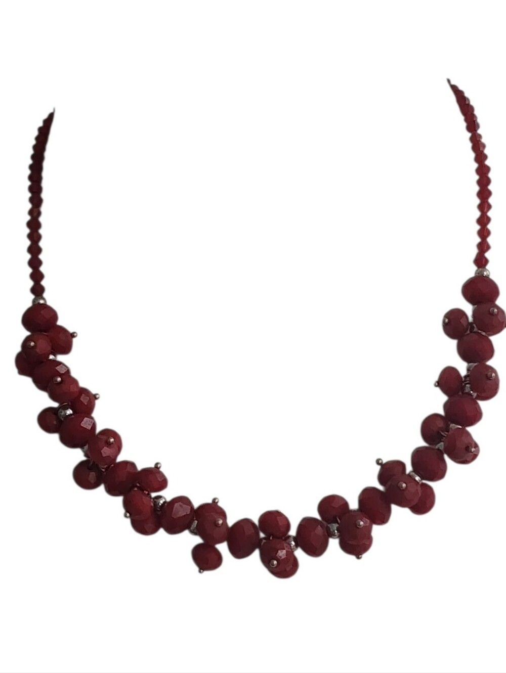 Red Beaded Cluster Necklace Silvertone